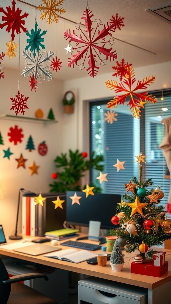 An office decorated for Christmas with DIY decorations including paper snowflakes, a garland, and a small tree.